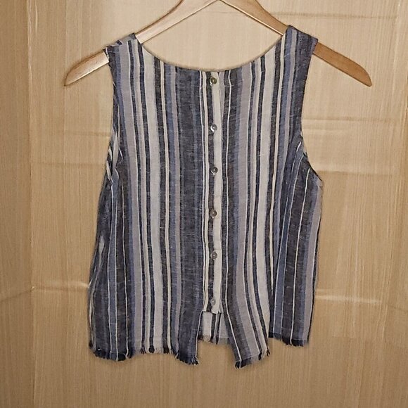 Drew Linen Blend Sleeveless Blue Striped Raw Hem Medium - Picture 2 of 7